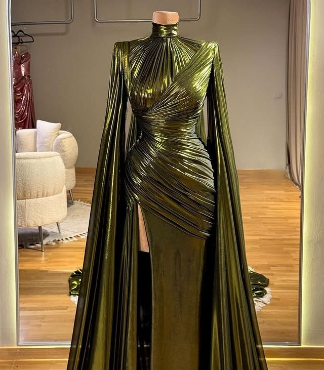 Attractive Prom Dress High Collar Long Sleeve Sheath Slit Evening Dress AP6599