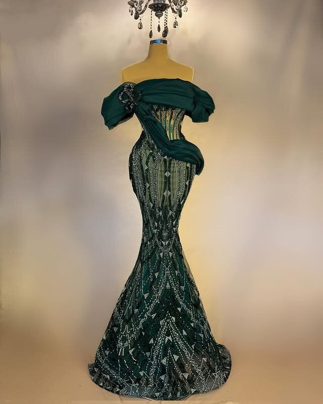 Modern Prom Dress Sequins Off-Shoulder Green Mermaid Evening Dress AP6604