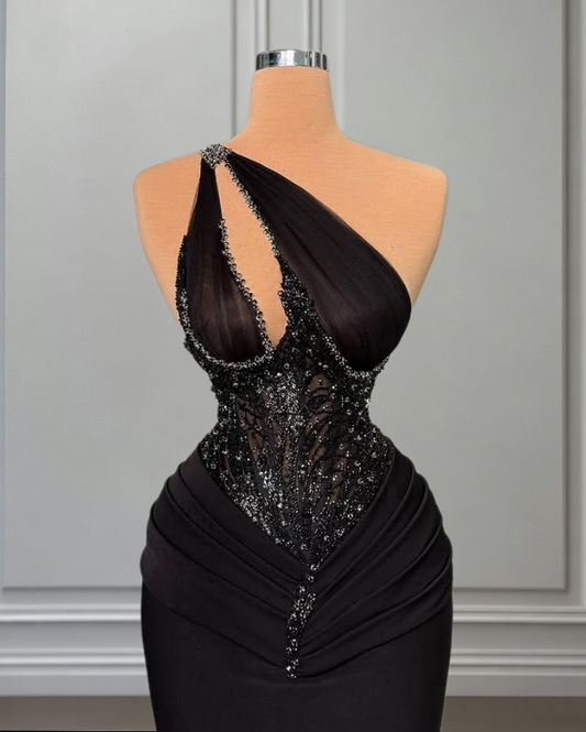 Black Beaded Prom Dress One-Shoulder Sheath Sexy Formal Gown Cutout Bodice AP6613