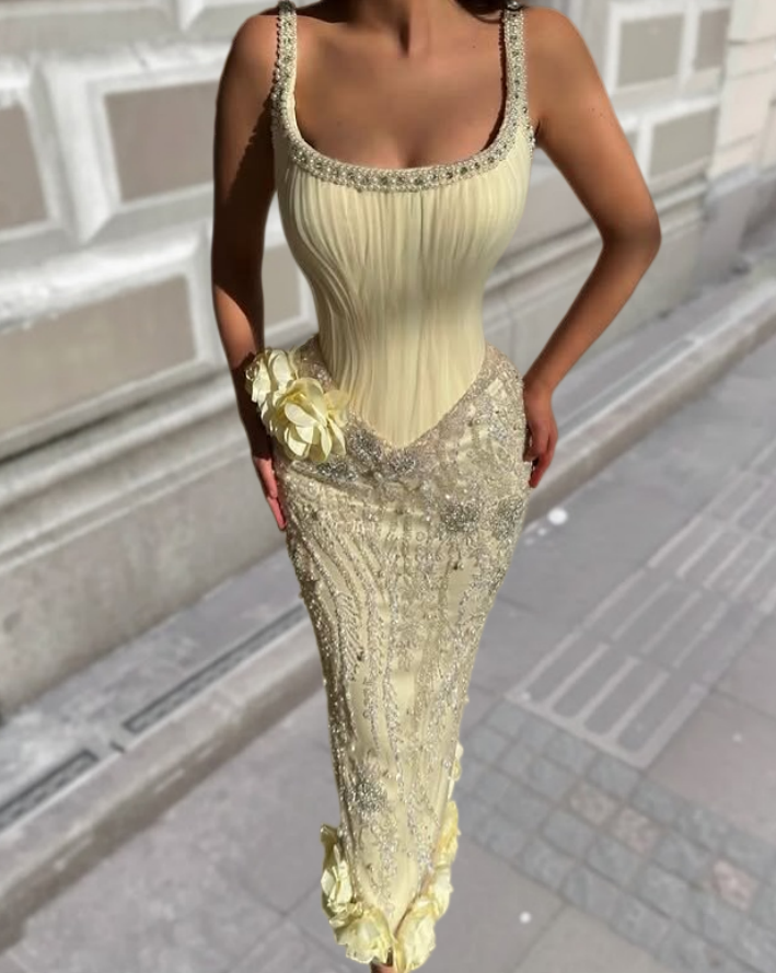 3D Floral Appliqués Prom Dress Elegant Sheath Ivory Spaghetti Strap Beaded Evening Gown AP6614