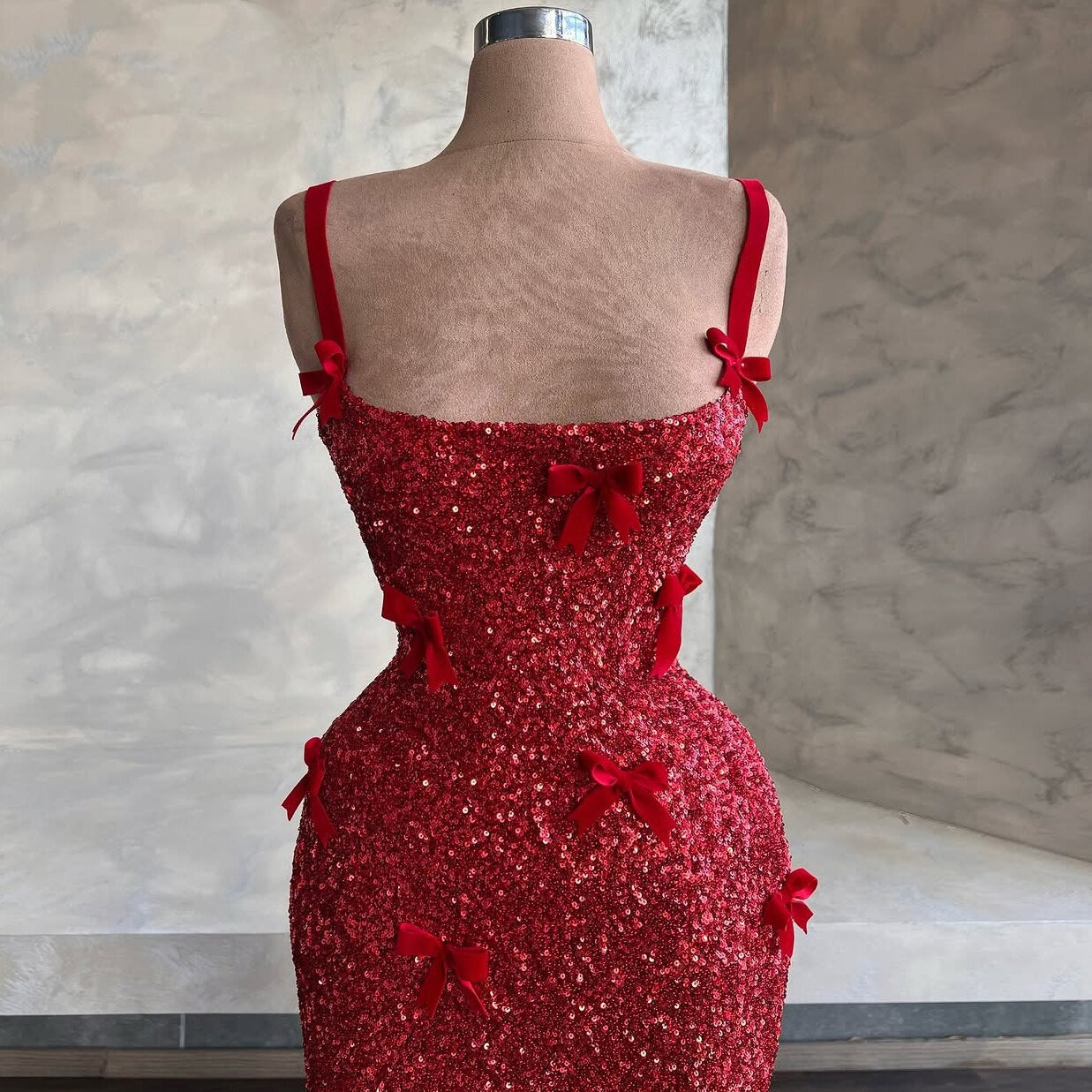 Red Prom Dress Inspo Spaghetti Strap Sheath Evening Dresses Bows Sequins Formal Dress AP6616