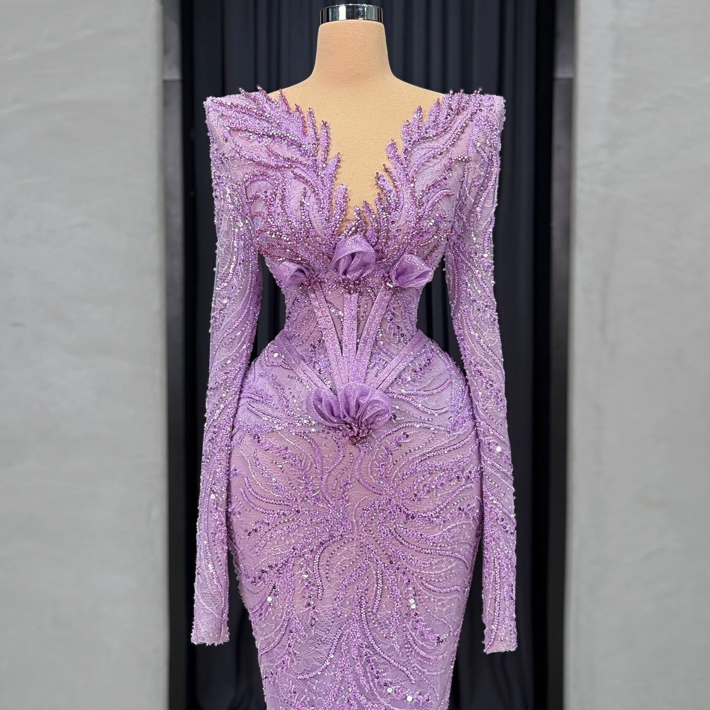 Inspiration Prom Dress Purple Appliques Sequins Formal Dress Long Sleeve Sheath V Neck Evening Dresses AP6617
