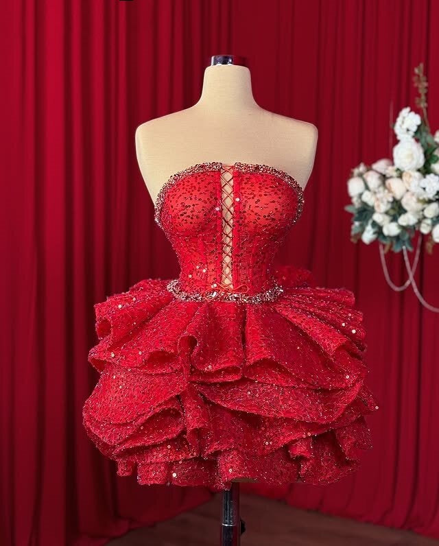 Boho-Inspired Red Homecoming Dress Ideas Sequins Strapless A-line Mini Hoco Dress AP6623
