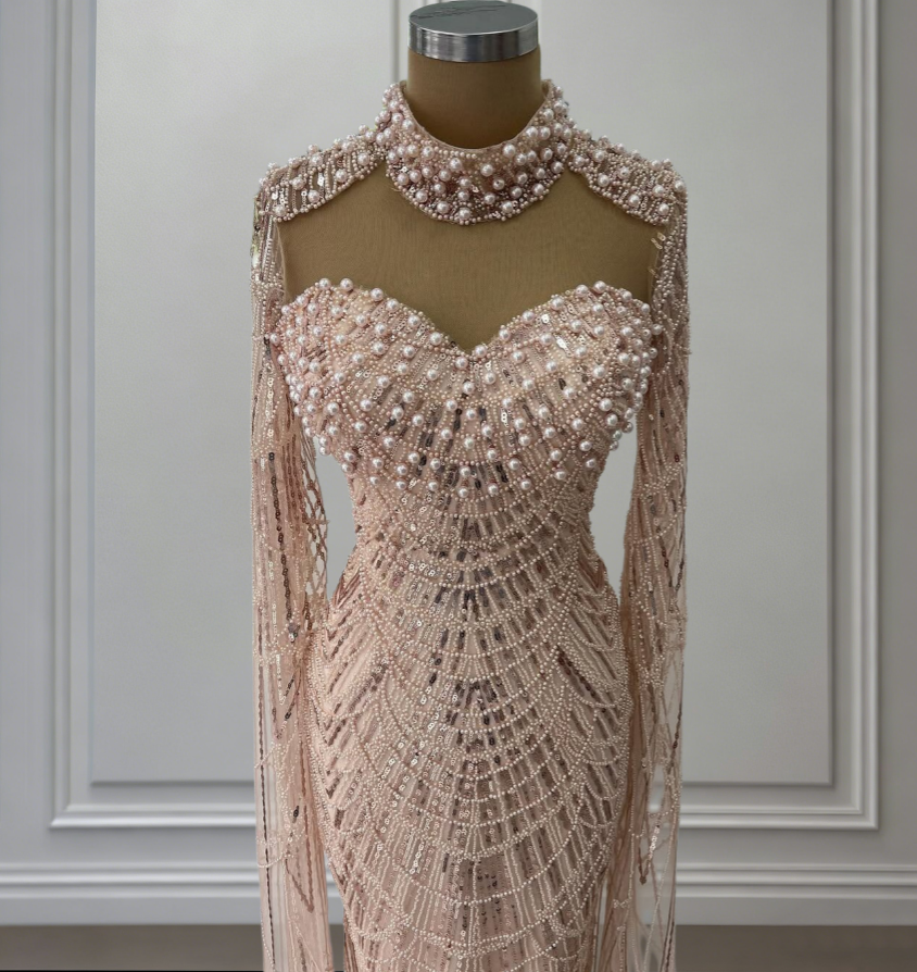 Shiny Pink Prom Dress Inspiration Beading Sequins Formal Dress Long Sleeve Evening Dresses AP6637