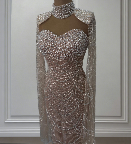 Avant-Garde High Collar Prom Dress Pink Long Sleeve Sheath Evening Dresses Beading Sequins Formal Dress AP6638
