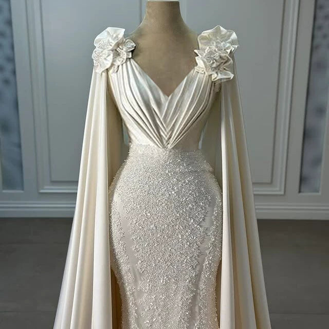 Eye-Catching V Neck Wedding Dress Sequins Appliques Proposal Ideas Sheath Long Sleeve Bridal Dress AP6639