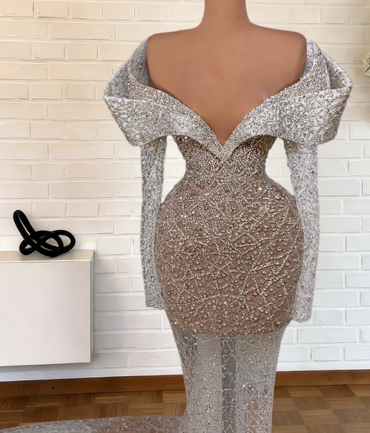 Sleek Off-Shoulder White Prom Dress Long Sleeve Sheath Evening Outfits Beaded Formal Dress AP6642