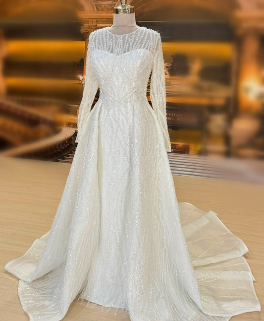 Elegant Jewel Neck Wedding Dress Long Sleeve A-Line Sequins Bridal Dress AP6658