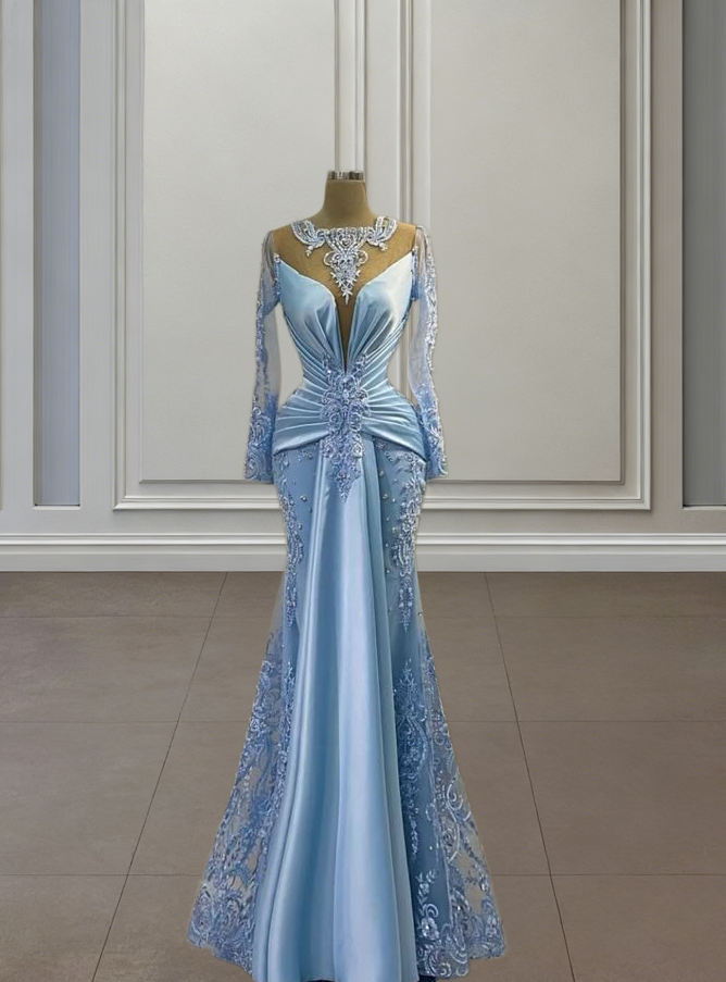 Sweet Illusion Neck Blue Prom Dress Long Sleeve Mermaid Evening Dress Appliques Beaded Long Dress AP6661