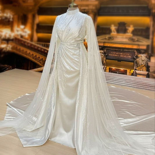 Cute Long Sleeve Wedding Dress High Collar A-Line Sequins Bridal Gown AP6662