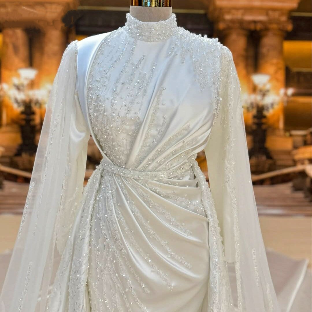 Cute Long Sleeve Wedding Dress High Collar A-Line Sequins Bridal Gown AP6662