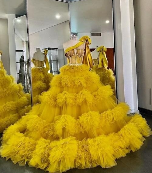 Dreamy Yellow Prom Dress Inspo A-Line One Shoulder Sequins Flounced Sweet 16th Gowns AP6665