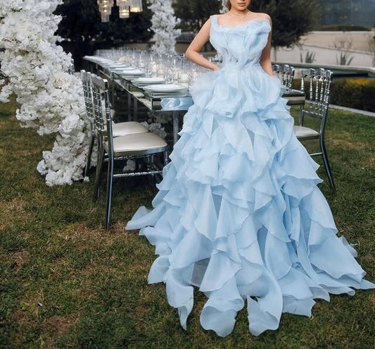 Glam Flounced Blue Prom Dress Long A-Line One Shoulder Evening Gowns AP6670
