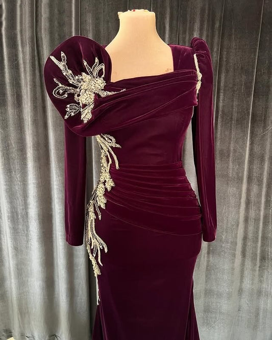 Dramatic Square Neck Prom Dress Long Sleeve Appliques Mermaid Evening Dress AP6672
