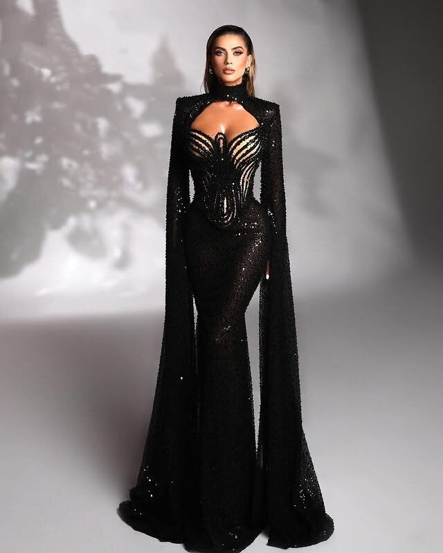 High Collar Cutout Black Prom Dress Elegant Long Sleeve Sequins Mermaid Evening Dress AP6673