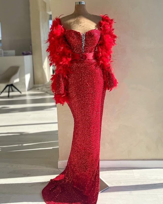 Square Neck Beaded Red Prom Dress Classy Feather Long Sleeve Mermaid Sequins Evening Dress AP6674