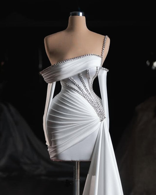 Fashionable Long Sleeve Wedding Dress Sheath Beaded Short Bridal Outfits AP6678