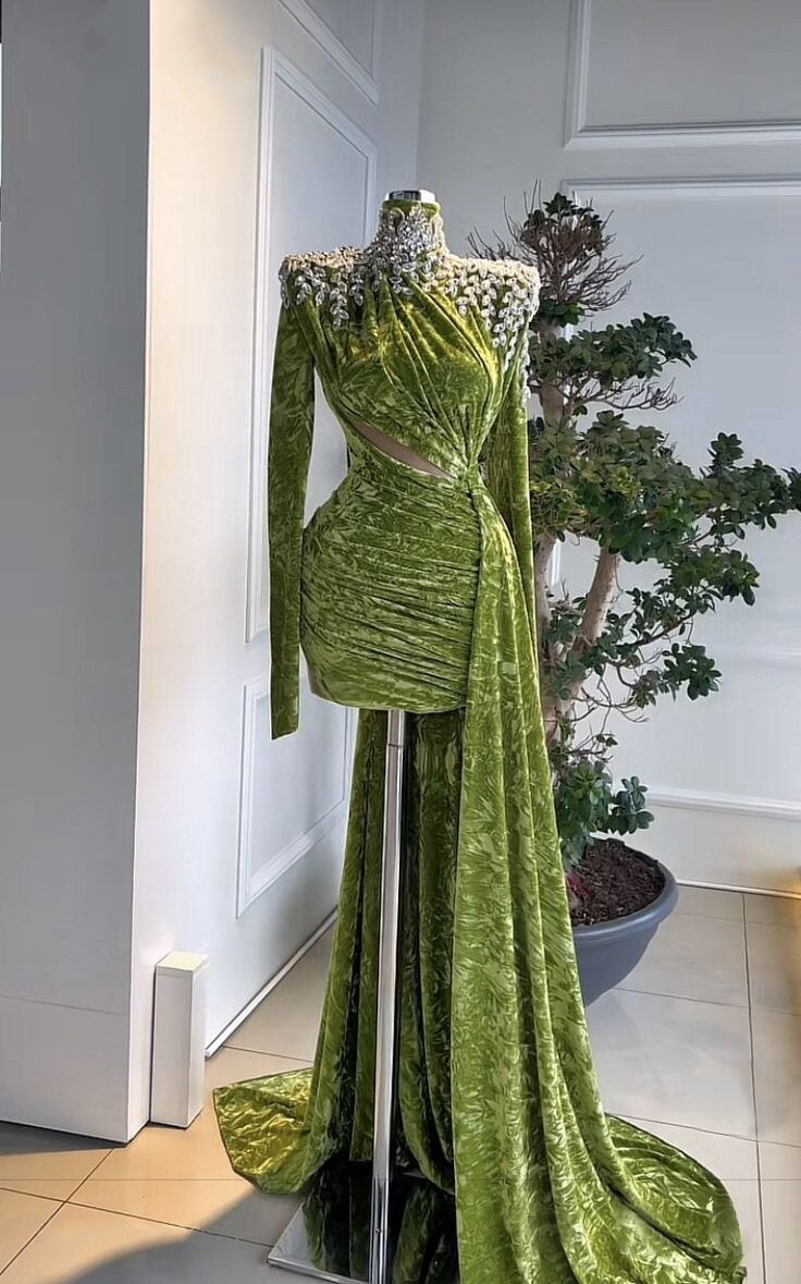 Vibrant High Collar Beaded Homecoming Dresses Green Bodycon Hoco Ideas Long Sleeve Birthday Outfits AP6682