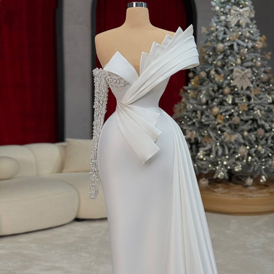 Sparkly Beaded Long Sleeve Wedding Dress Off-Shoulder Sheath Bridal Party Outfits AP6684
