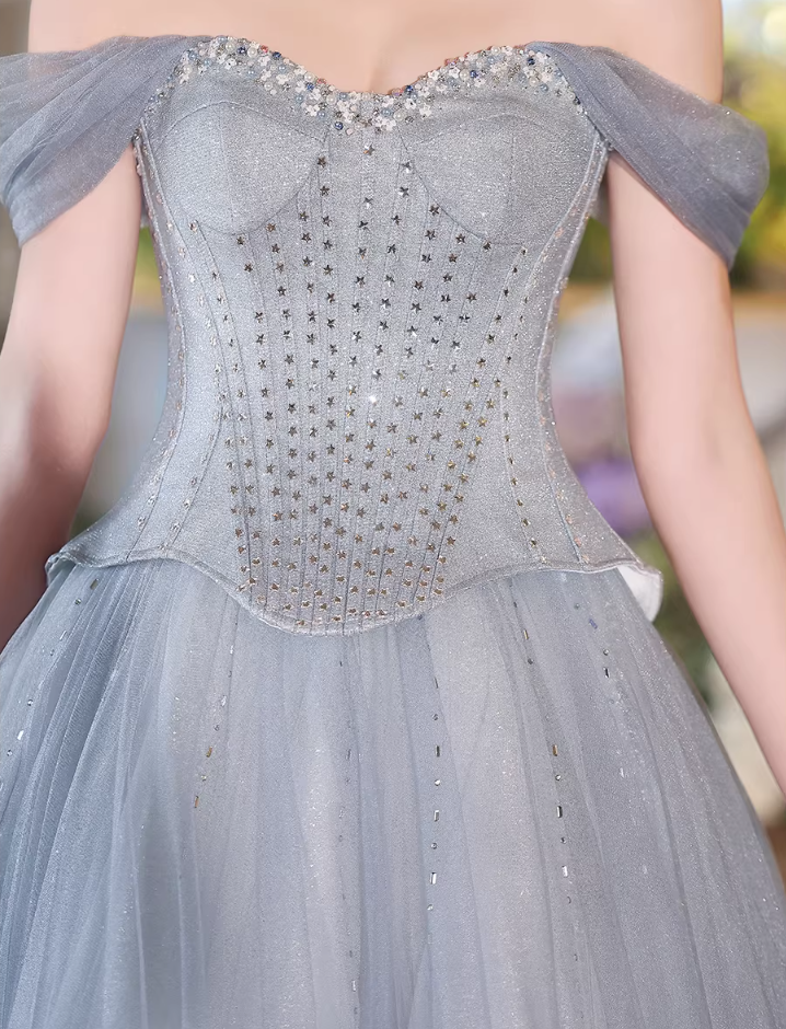 Bling Blue Prom Dresses Inspo Off-Shoulder A-Line Formal Wear Sequins Beads Evening Dresses AP6687