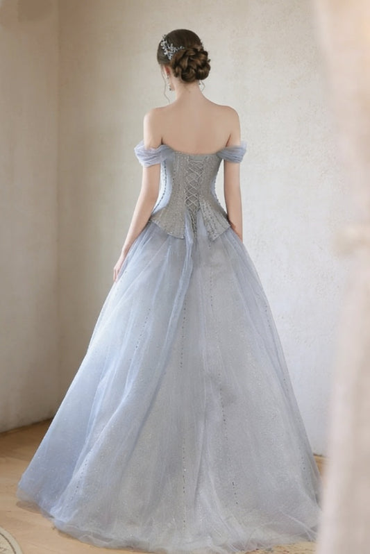 Bling Blue Prom Dresses Inspo Off-Shoulder A-Line Formal Wear Sequins Beads Evening Dresses AP6687