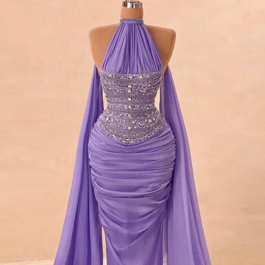 Fitted Beaded Prom Dress Purple Sheath Formal Wear Halter Neck Evening Dress AP6689
