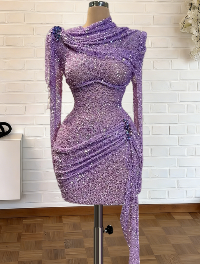 Fancy Long Sleeve Homecoming Dress Purple Sheath Hoco Outfits Sequins Birthday Dress AP6699