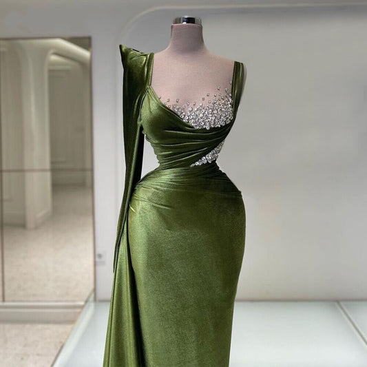 Delicate Crystals Green Prom Dress Long Sleeve Illusion Neck Sheath Evening Dress AP6700