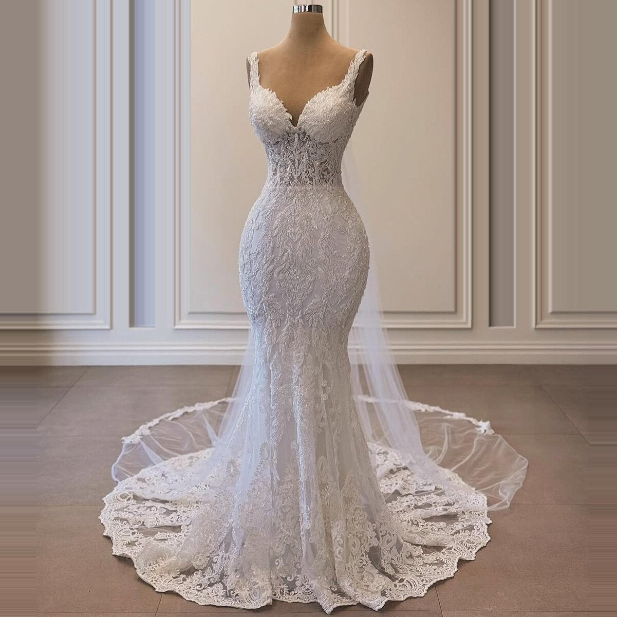 Retro Appliques Wedding Dress Beaded Mermaid Wedding Reception Dress Spaghetti Strap Bridal Gown AP6704