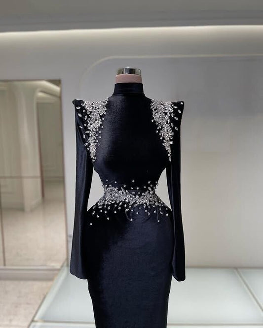 Gothic Style High Collar Prom Dress Black Long Sleeve Mermaid Crystals Evening Dress AP6705