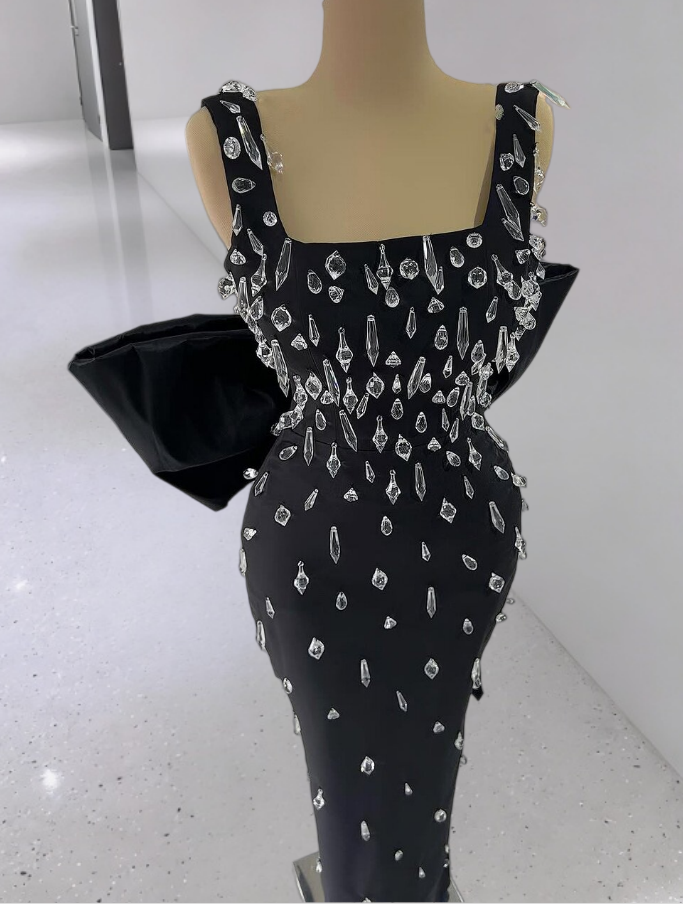 Hot Girls Spaghetti Strap Black Prom Dresses Inspo Sheath Formal Outfits Crystals Bow Evening Dress AP6706