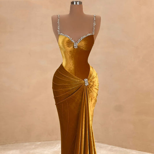 Exquisite Spaghetti Strap Gold Prom Dresses Beaded Sheath Custom Formal Dress AP6710