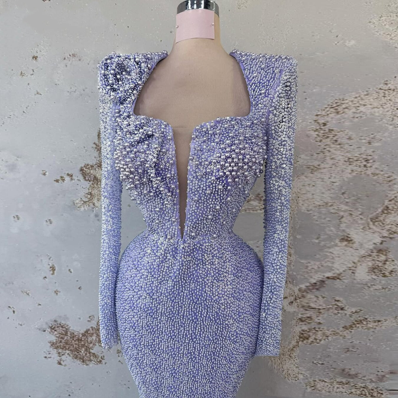 Enchanting Square Neck Purple Prom Dress Long Sleeve Mermaid Evening Outfits Beaded Sequins Formal Dress AP6714