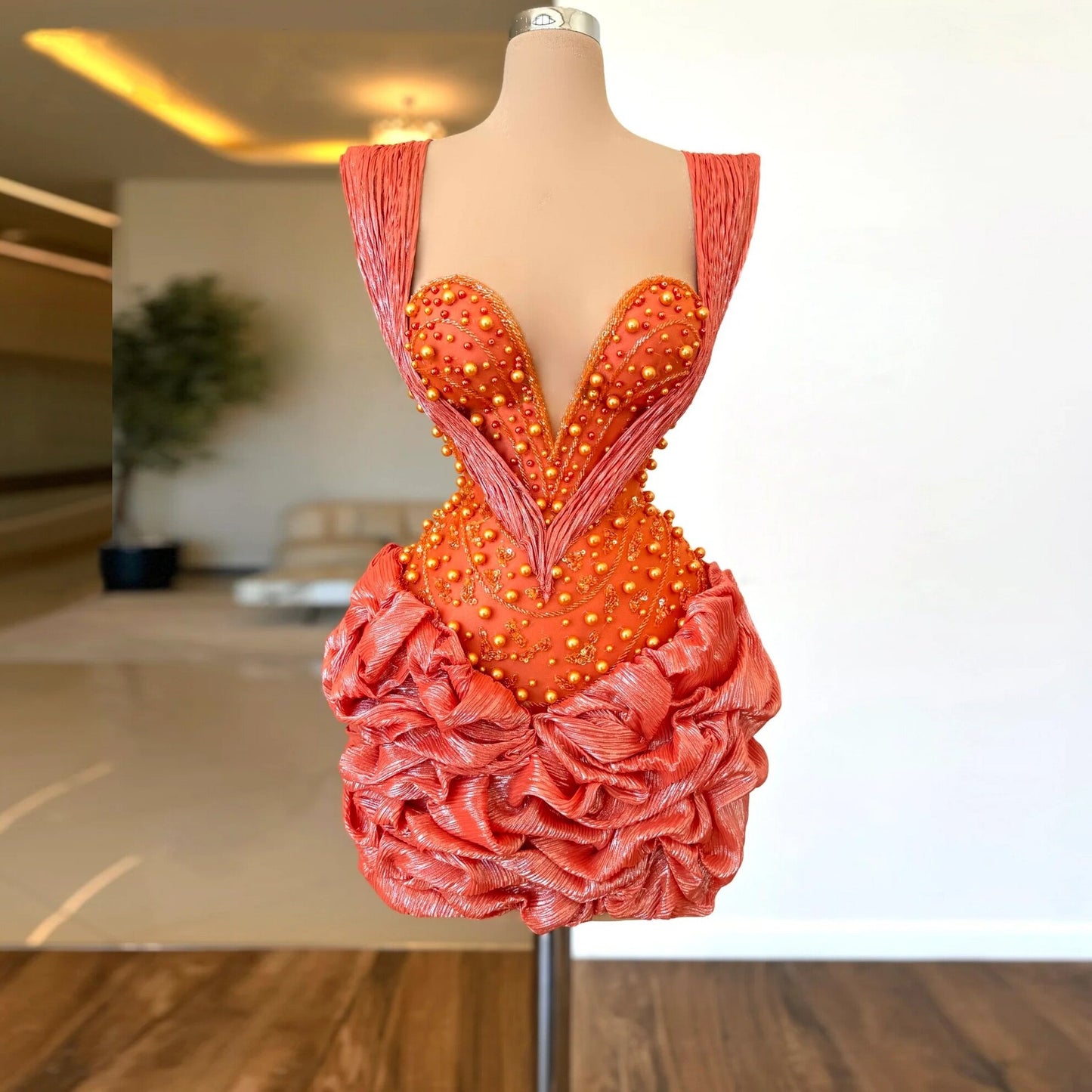 Superb Ruffled Orange Homecoming Dress Sheath Hoco Outfit Beads Sequins Birthday Dress AP6715