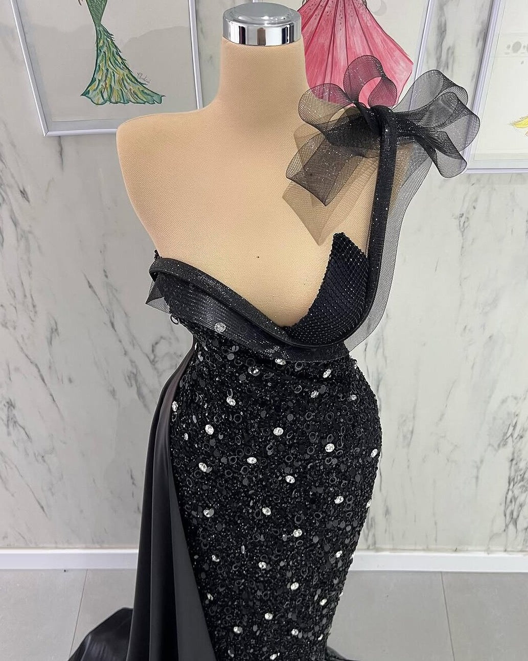 Amazing One Shoulder Black Prom Dress Sequins Mermaid Crystals Evening Dresses AP6717