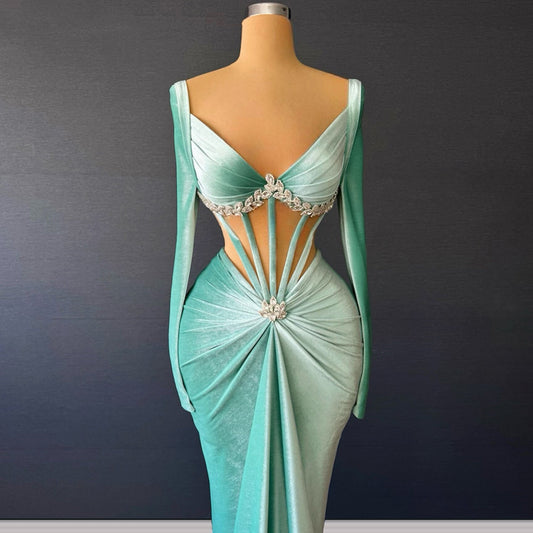 Enticing V Neck Mint Green Prom Dress Long Sleeve Crystals Mermaid Evening Outfits AP6721