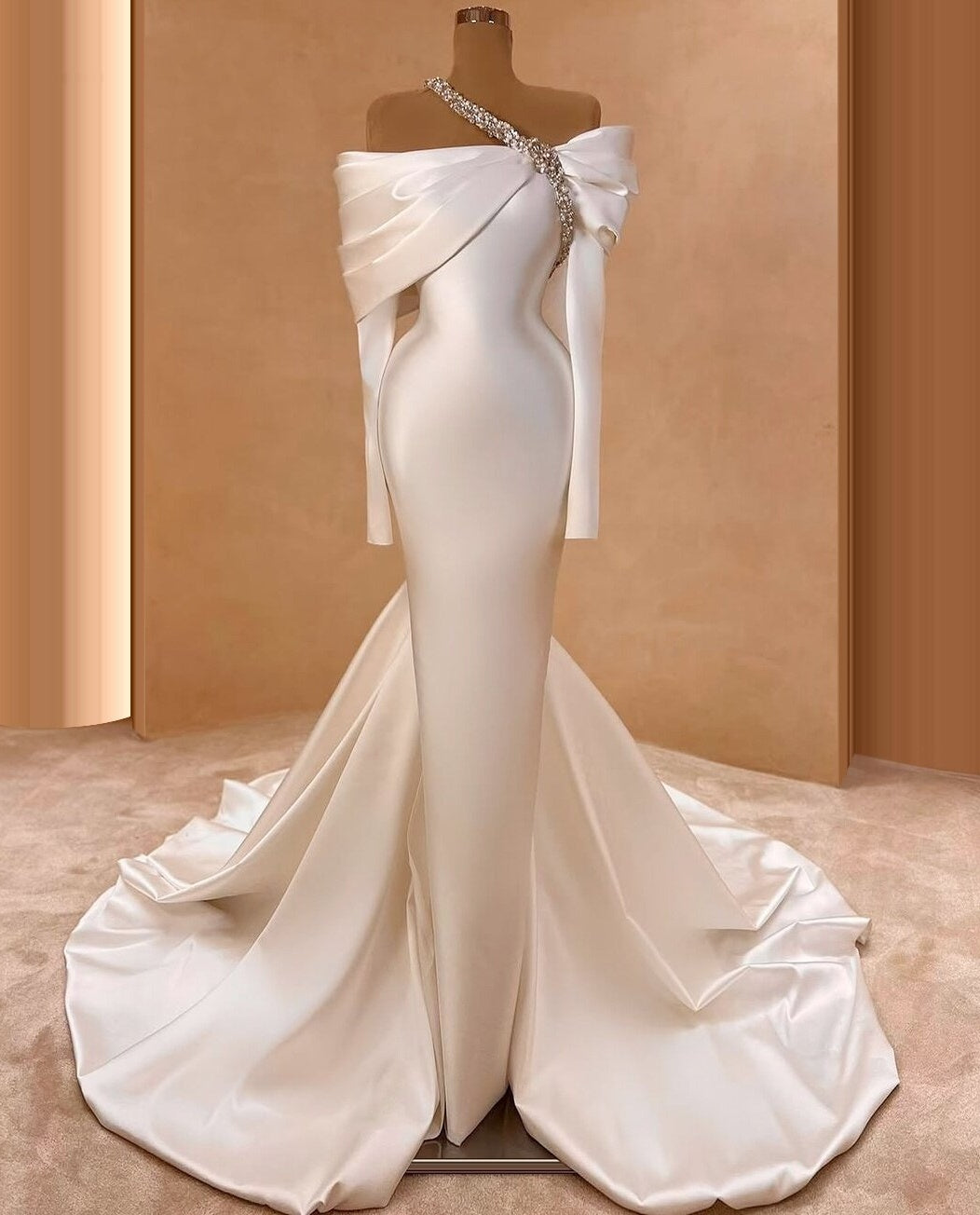Standout Off-Shoulder Beaded Wedding Dress Inspo Long Sleeve Sheath Bridal Outfits AP6734