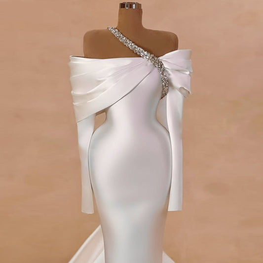 Standout Off-Shoulder Beaded Wedding Dress Inspo Long Sleeve Sheath Bridal Outfits AP6734