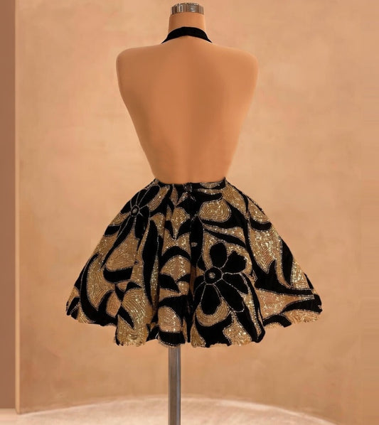 Celestial Black Homecoming Dress Halter Neck Hoco Outfit Sequins A-Line Birthday Gowns AP6735