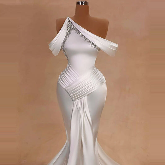 Chic Satin Mermaid Wedding Dress Off-Shoulder Beaded Bridal Outfits AP6740