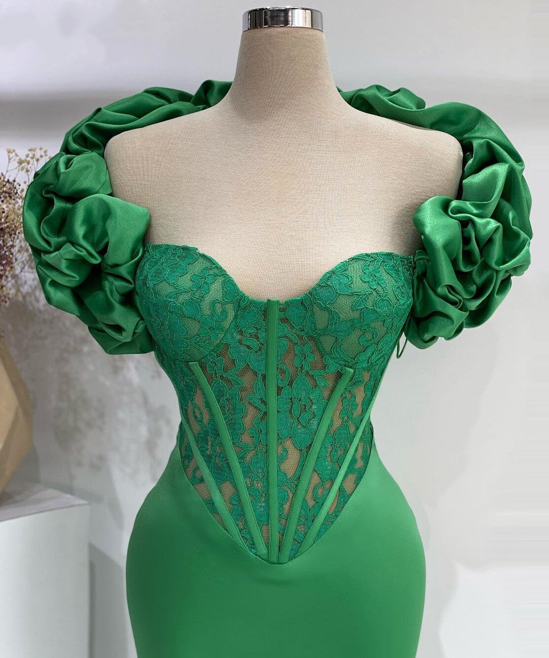 Graceful Sheath Green Prom Dress Lace Ruffled Off-Shoulder Evening Dress AP6743