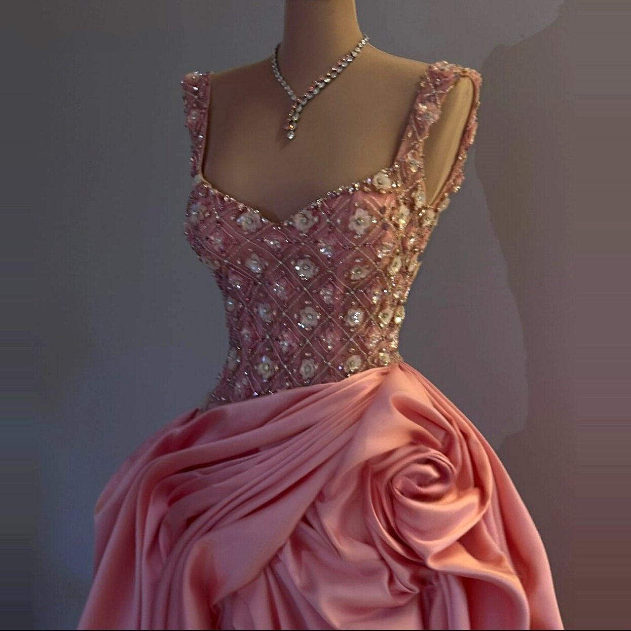 Elegant Spaghetti Strap Pink Prom Dress A-Line Handmade Flowers Beaded Evening Gowns AP6744