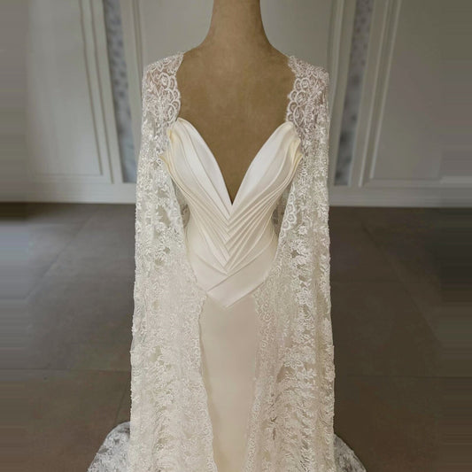 Classical V Neck Pleated Wedding Dress Beads Lace Cape Sheath Bridal Outfits AP6745
