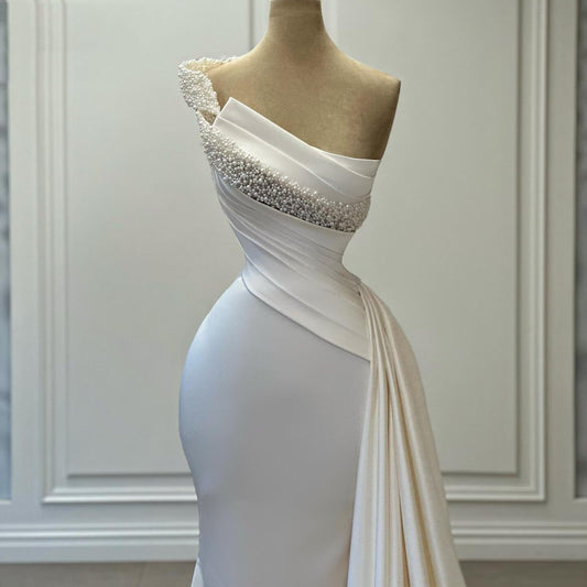Fantastic One Shoulder Wedding Dress Beaded Mermaid Bridal Gowns AP6746