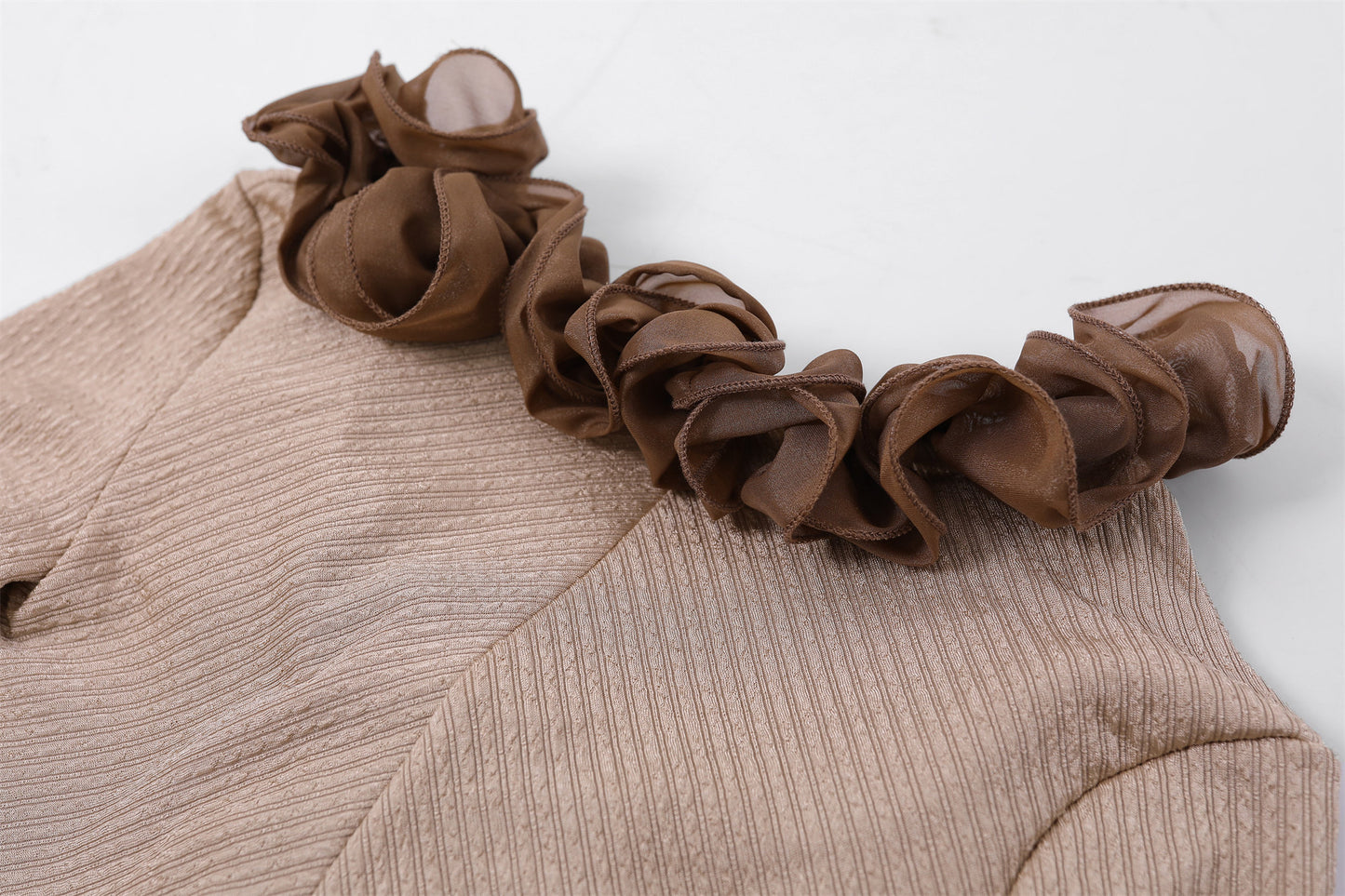 Glamorous Bold Brown Ruffle Detail Sheath Maxi Dress Elegant Beige Knit V Neck Long Sleeves Slit Long Dress AP6756