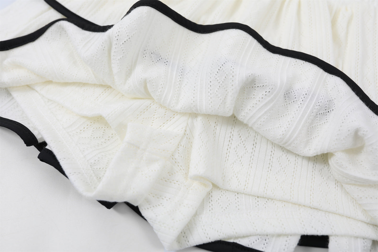 Dramatic Long Sleeve Tie Front Top Ruffled A-Line Mini Skirt Coquette White Knit Two-Piece Black Piping Short Dress AP6757