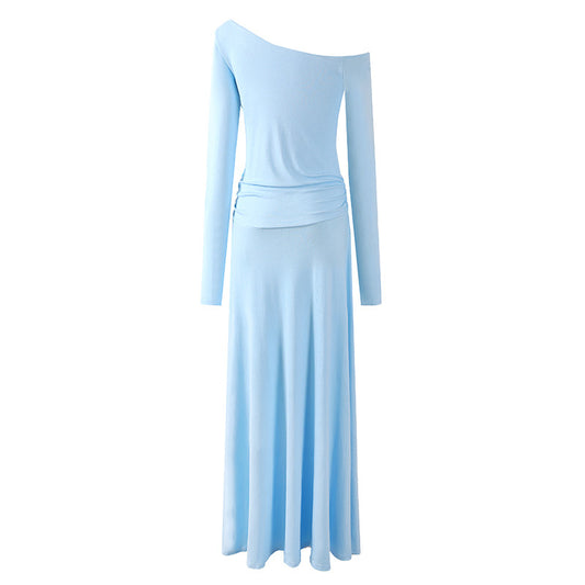 Novelty Sky Blue Asymmetrical Neck A-Line Maxi Dress Long Sleeve 3D Floral Detail Long Dress AP6759