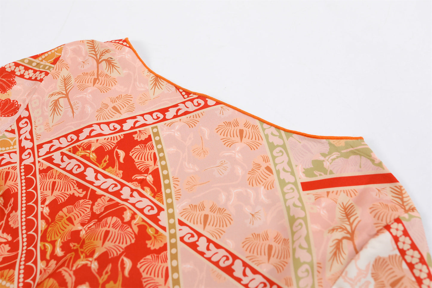 Fashionable Flared Bell Sleeves A-Line Maxi Dress Boho Summer Orange Patchwork Print Jewel Neck Long Dress AP6762