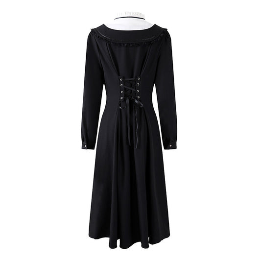 Gothic-Style White Jewel Neck Long Sleeve A-Line Maxi Dress Vintage Inspired Black Ribbon Tie Long Dress AP6767
