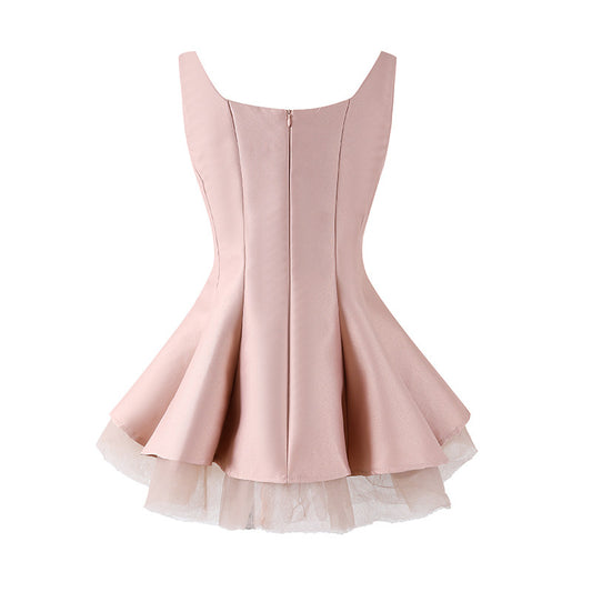 Dopamine Style Crystal Rhinestone Bow A-Line Mini Skirt Chic Blush Pink Sleeveless Tulle Hem Party Glam Short Dress AP6772